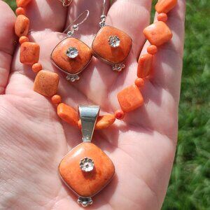 Jay King DTR mine finds Orange Coral necklace pendant earrings 925 Sterling Silv